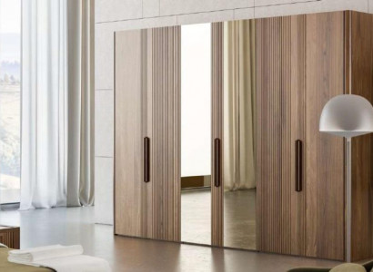 Large brown wardrobe bedroom closet with mirror cabinets